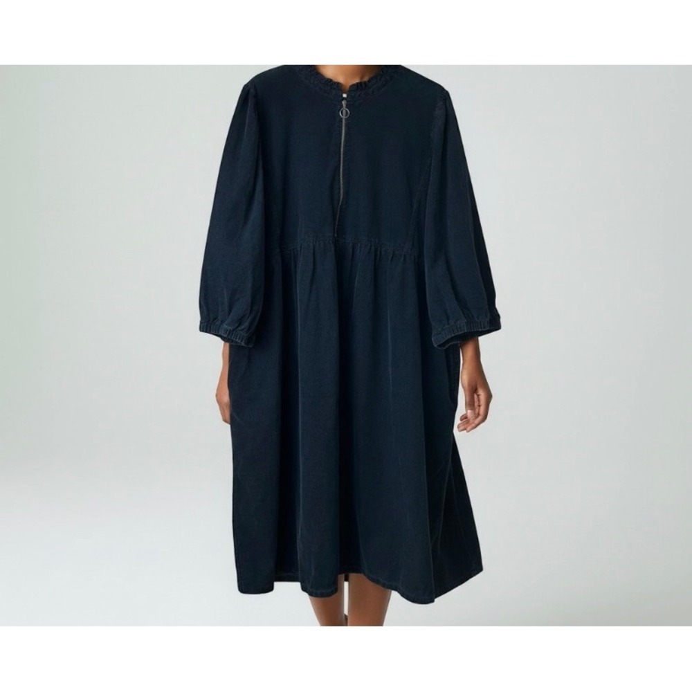 You Are The Club Black Corduroy Smock Midi Dress Frill Neck Long Sleeve 1X 2X 3X